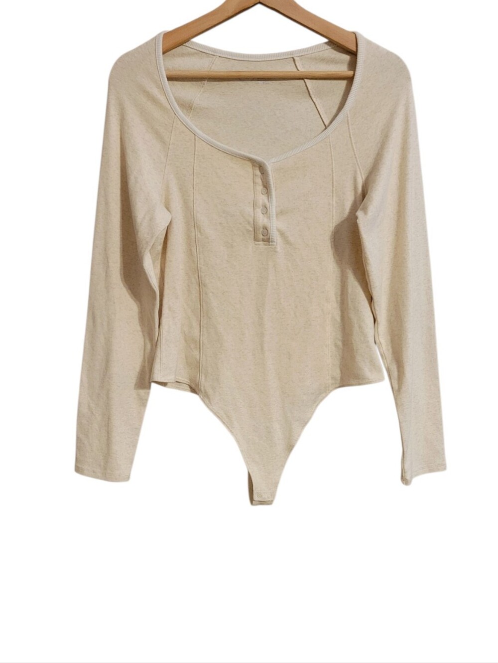 Aerie Beige Long Sleeve Henley Bodysuit